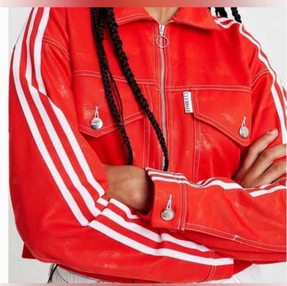 Adidas Fiorucci Collab Red Cropped Track Jacket with Stripe Sleeves - Women - Picture 2 of 4